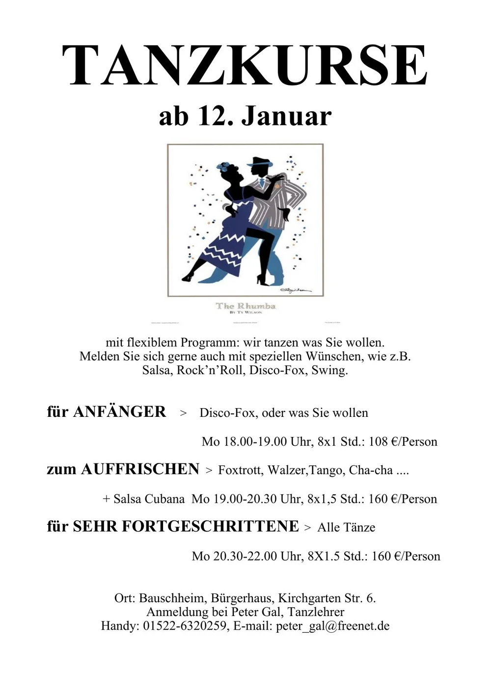 Flyer: Tanzkurse – Für Anfänger bis Fortgeschrittene